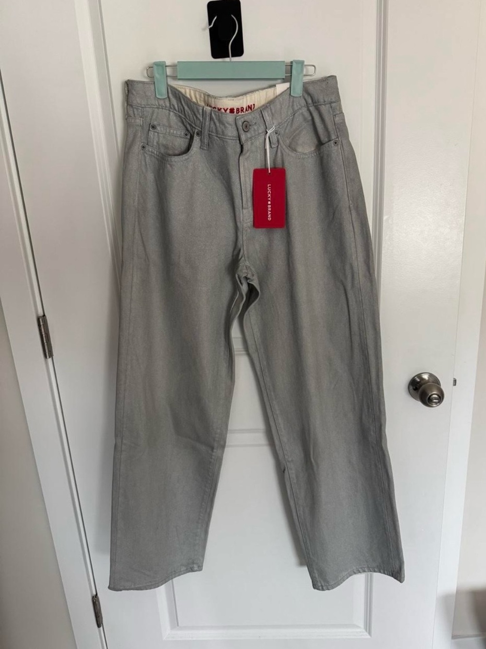 NWT Lucky Brand The Baggy Silver Metallic Rigid Wide Leg Jeans 10/30R